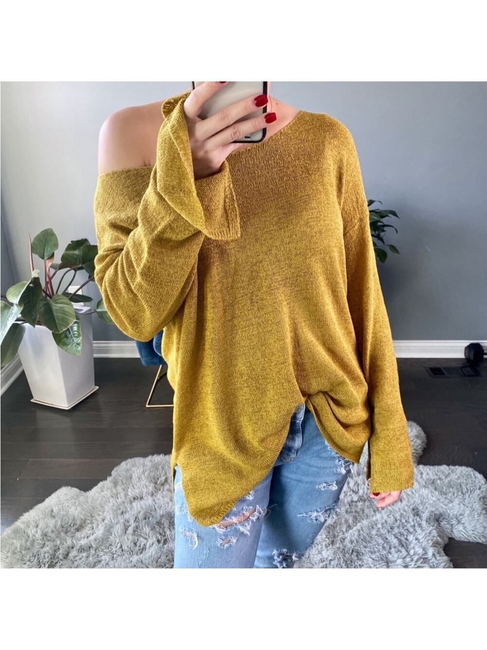 Women's Off-Shoulder Mustard Sweater Size Medium